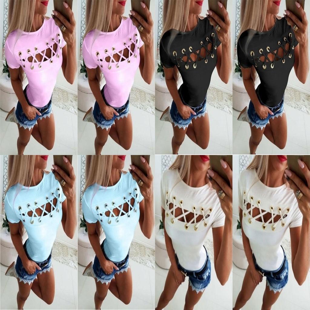 Elegant Sexy Ladies Women's Short Sleeve Cross Lace Up Bodycon Blouse Tops Slim T-shirt