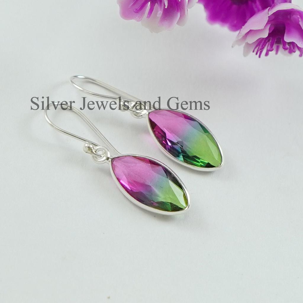 Watermelon Tourmaline Earrings: Marquise 925 Sterling Silver Bezel Earring