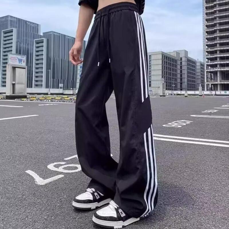 Retro styl pánské kalhoty americké třípruhé pruhované rovné sportovní kalhoty volné rovné široké nohavice ležérní kalhoty