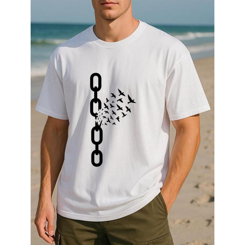 Chain Bird Men's Printed Short-sleeved T-shirt, Men's High-quality Pure Cotton T-shirt, Medium Elasticity, Suitable for Sports and Fitness
