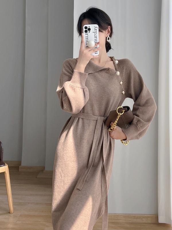 

Korean Style Mid-Length Wool Coat with High Collar Knit Dress for Women M