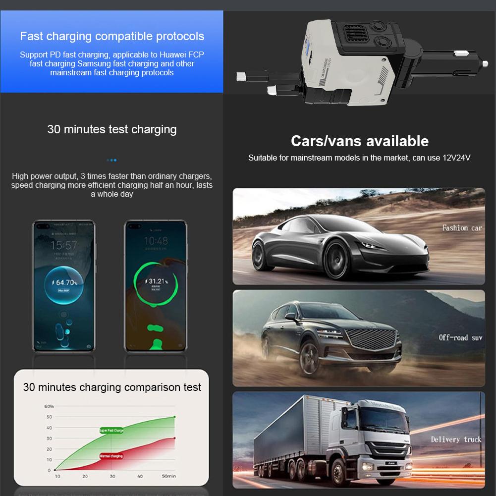 4 in 1 Retractable Car Charger Fast Car Phone Charger Adjustable Angle Type-C Car Charger Adapter Car Adapter Car Accessories