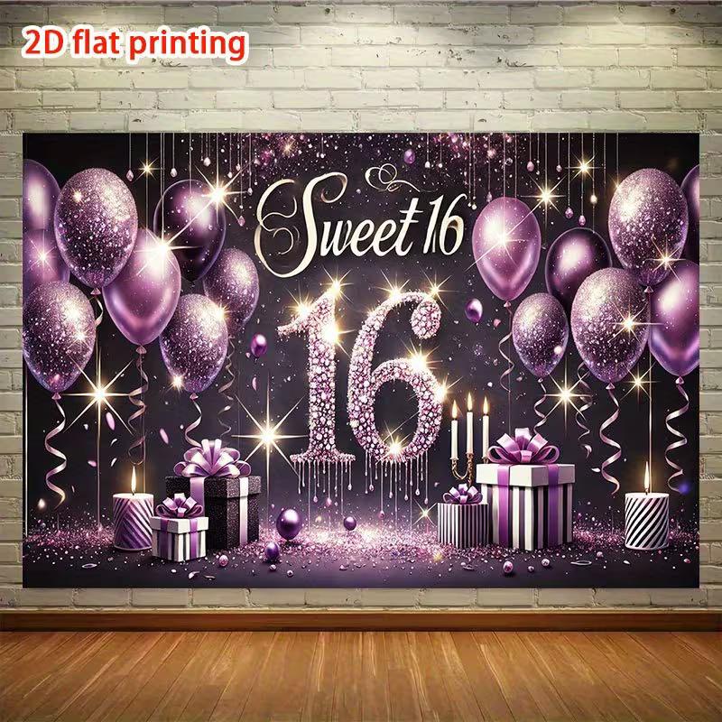 

2D Sweet 16 Birthday Background Cloth, Purple Glitter Balloon Party Tapestry 47.2x31.5inch/120*80cm
