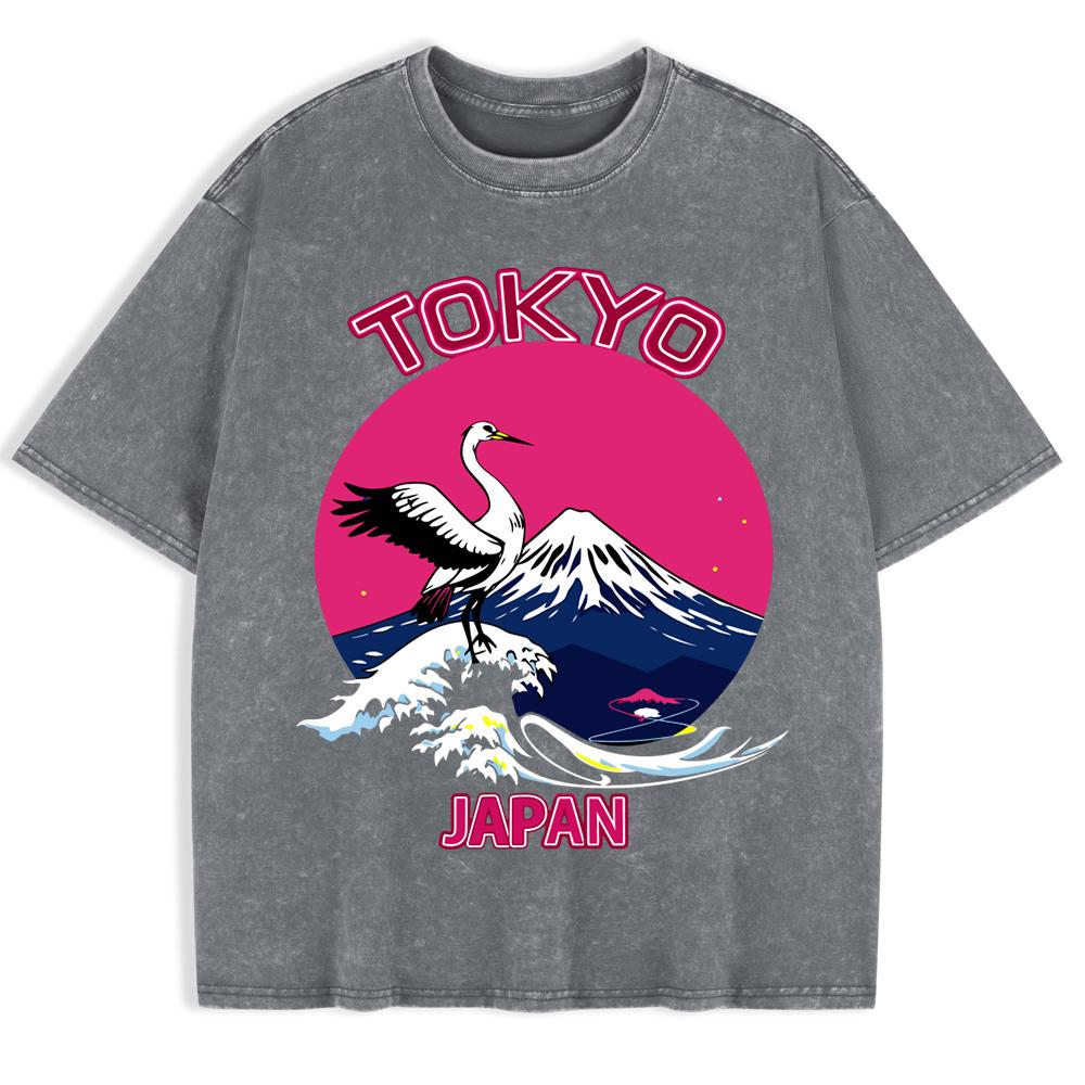 Japan Tokoy Waves Harajuku Washed T-Shirts Mens Cotton Short Sleeve Tops Street O-Neck Oversize T Shirt Clothes