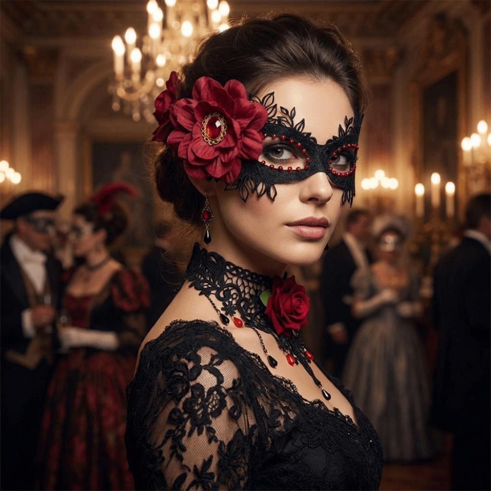 1 Set Dark Gothic Masquerade Mask Red Rose Gothic Choker Necklace Halloween Party