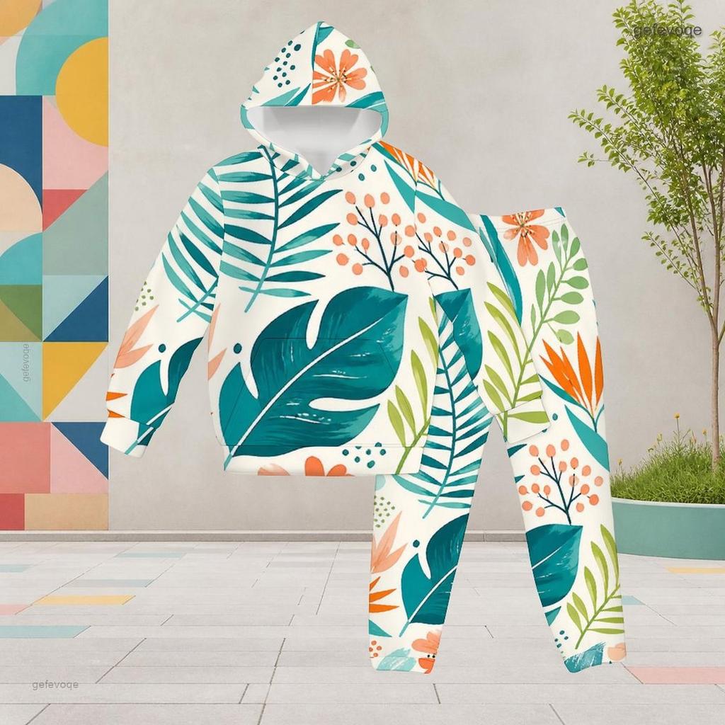 Girls Hooded Long Sleeve Fruit Leaf Printed Tracksuit Kangaroo Pocket Cuffed Pants Two Piece Set