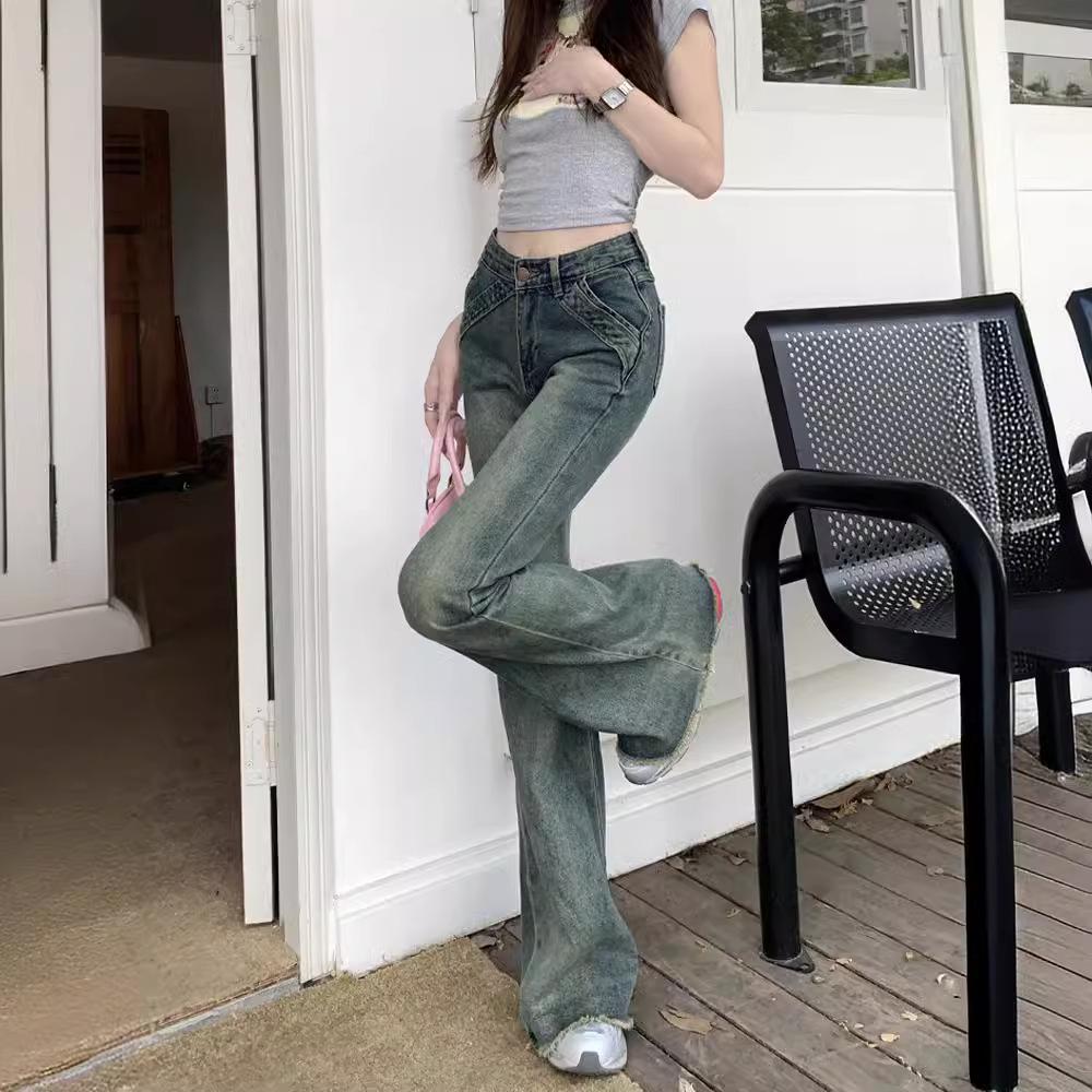 Damen Retro Patchwork Low-Waist Micro Flare Jeans - Frühling Stretch Schlankmachende Bodenlange Hose