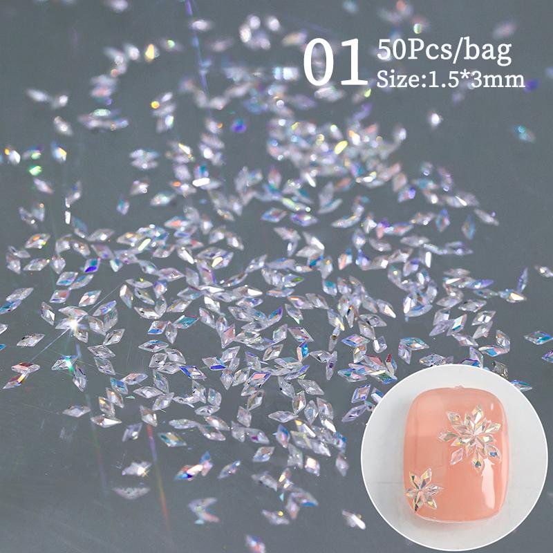 50 ks mini kosočtvercové kamínky na nehty s plochým dnem, AB barva, zdobení nehtů, křišťálové drahokamy, oslnivá manikúra, 3D dekorace na nehty