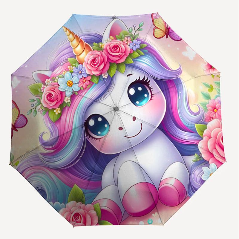1PC Unicorn Flowers Umbrella-8-Rib Reinforced Portable Folding Travel Suitable for All Seasons Outdoor Daily Use-G384