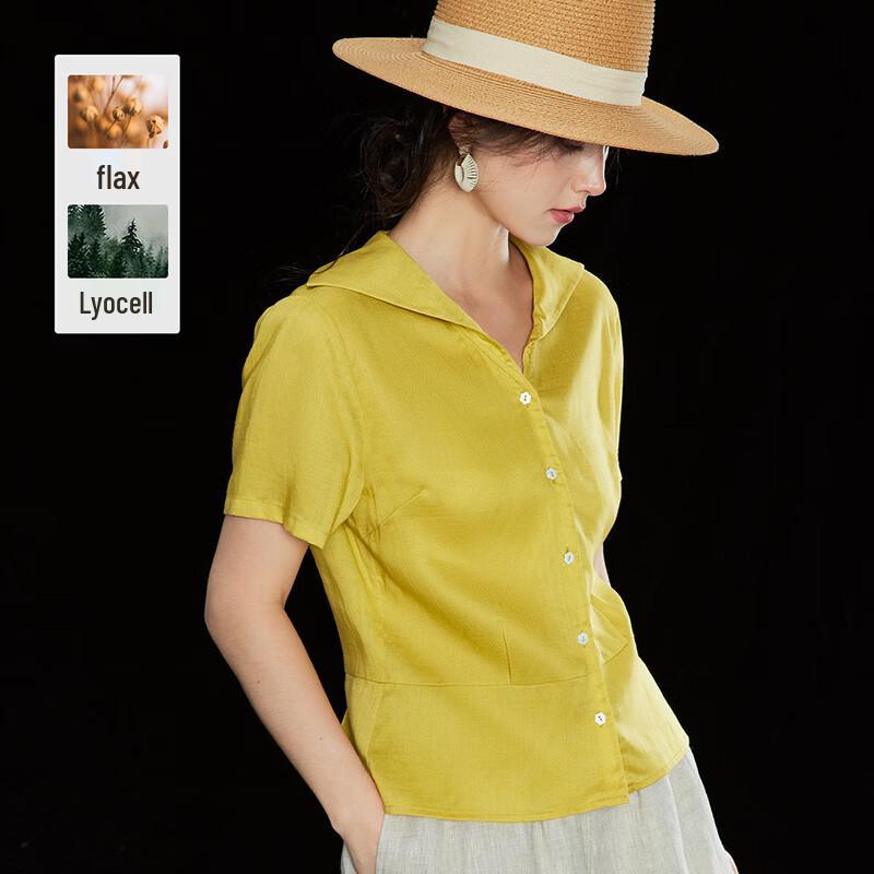Women s Tencel Linen French Naval Collar Short Sleeve Shirt XL
