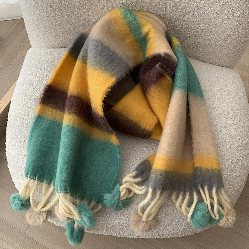 Dopamine Color Striped Handmade Hairball Warm Scarf Women's Winter Thickened Cold-proof Couple Scarf Shawl