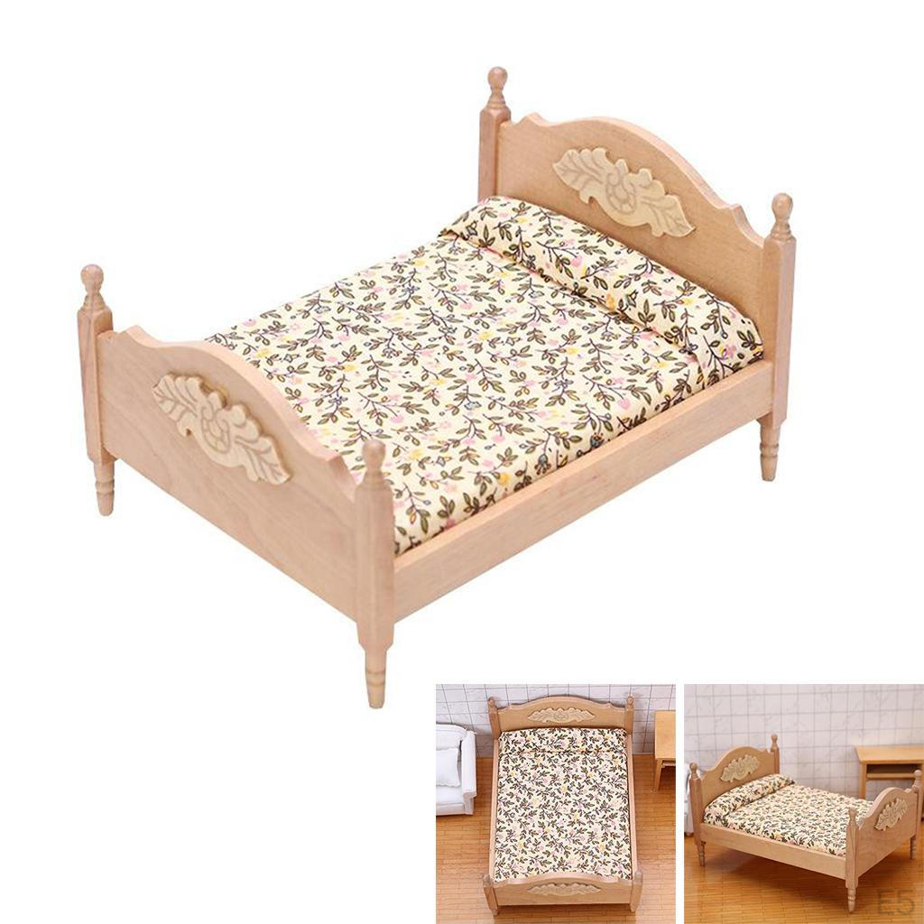 Miniature Birch Wood Upholstered Double Bed And Bedroom Accessories Furniture 1:12 Scale Doll House