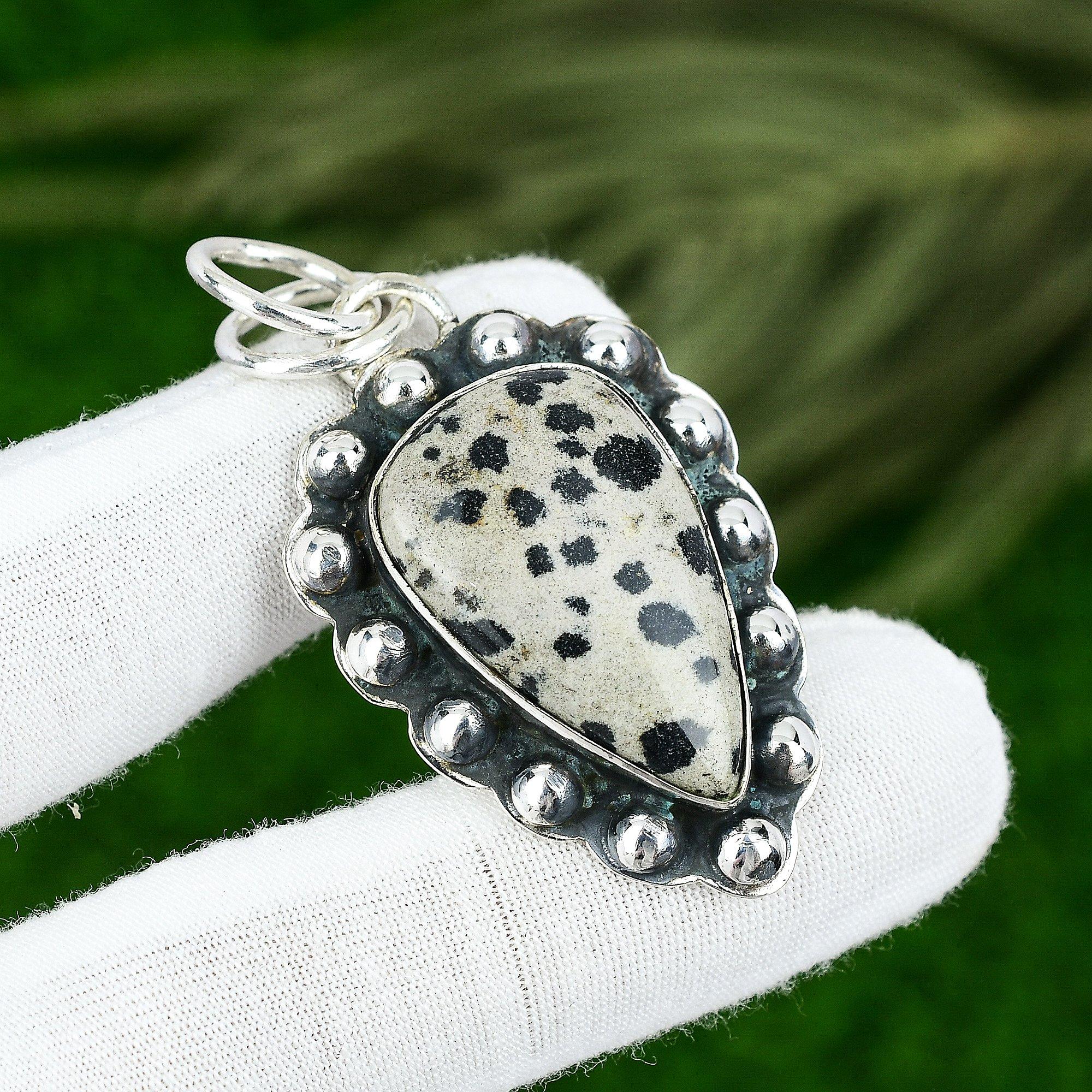 

Pear Dalmation Jasper Stone 925 Silver Birthday Engagement Bezel Wedding Pendant