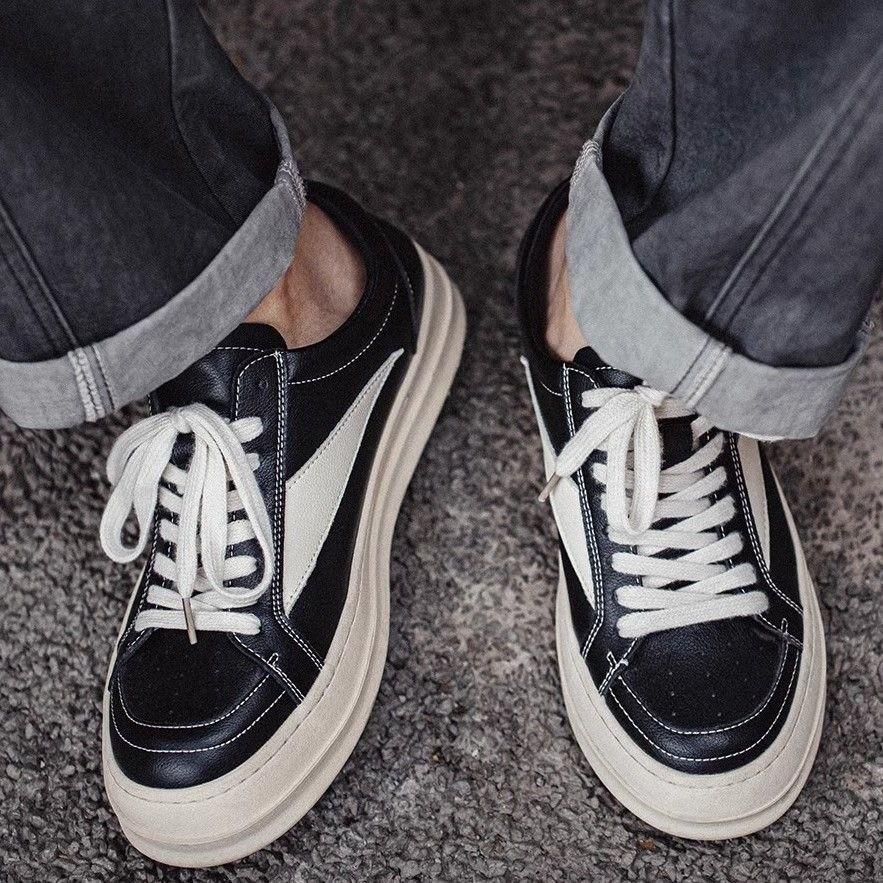 Outdoor Black PU Leather Low Top Thick Sole Men Shoes Jogging Lace Up Sneaker Fashion Casual Design Walking Trainers Footwear