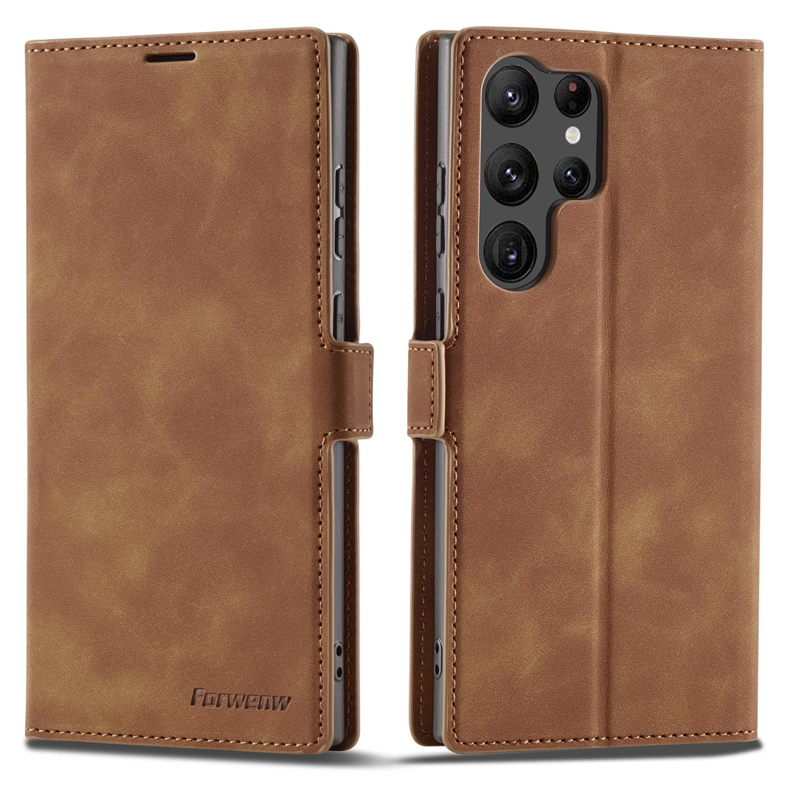 

FORWENW for Samsung Galaxy S23 Ultra Fantasy Series Anti-fall Phone Cover Skin-friendly Leather Stand Wallet Mobile Phone Case Brown