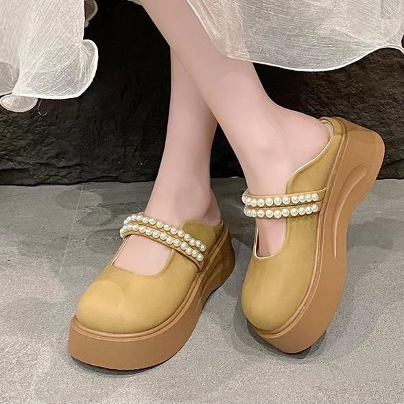 2025 Summer New Women's Shoes Muffin Platform Mary Jane Shoes Pearl Bag Head Slippers Casual Versatile Half Drag 2025
