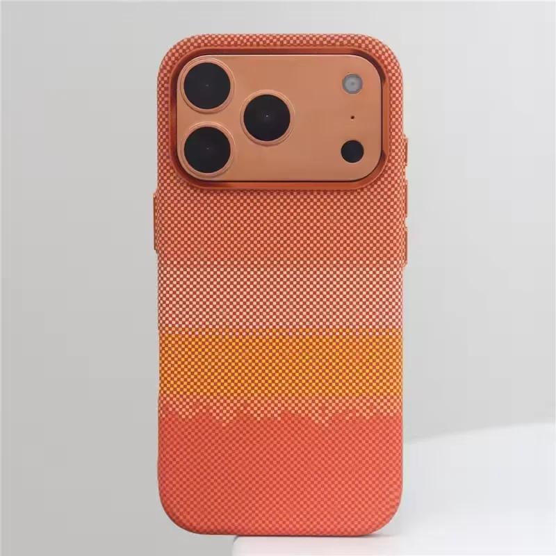 Orange Carbonfaser-Textur Legierungslinse Stark für Magsafe Handyhülle für iPhone 17 Pro Max Magnetisch Stoßfest Harte PC-Abdeckung