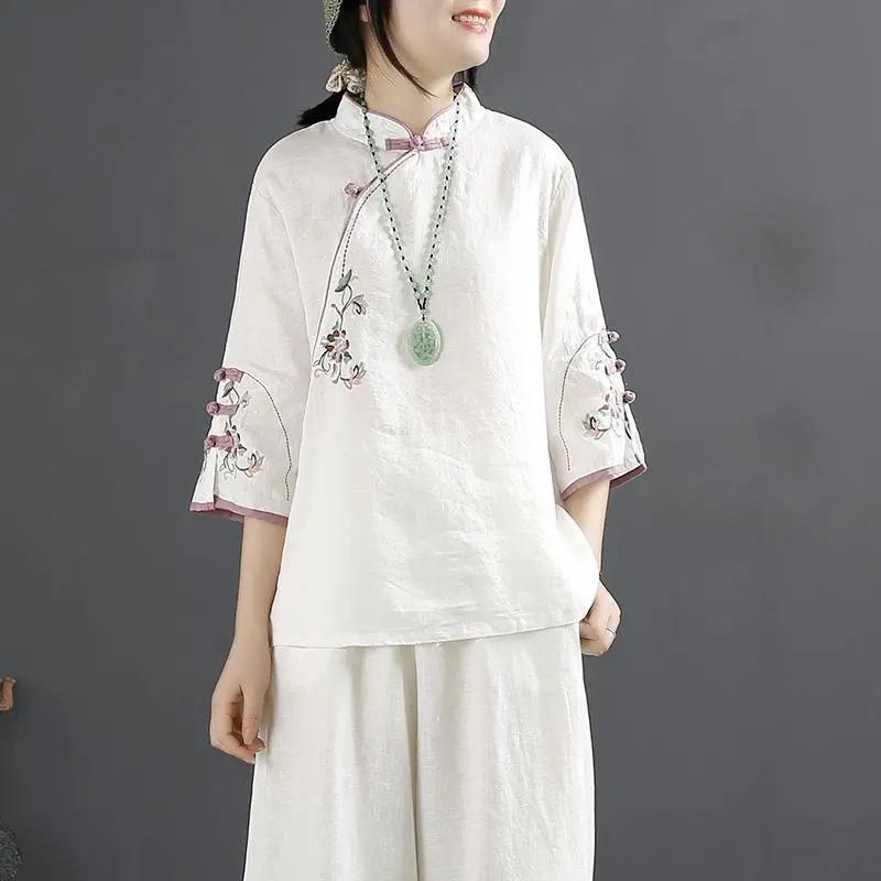 2024 Retro Chinese Cotton Linen Shirt: Women's Spring/Summer Stand-Up Collar Button Top with Embroidered Slant Lapel