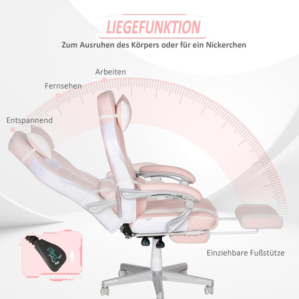 Gaming Chair with Footrest, Head & Lumbar Cushions, Swivel, Height-Adjustable, Pink