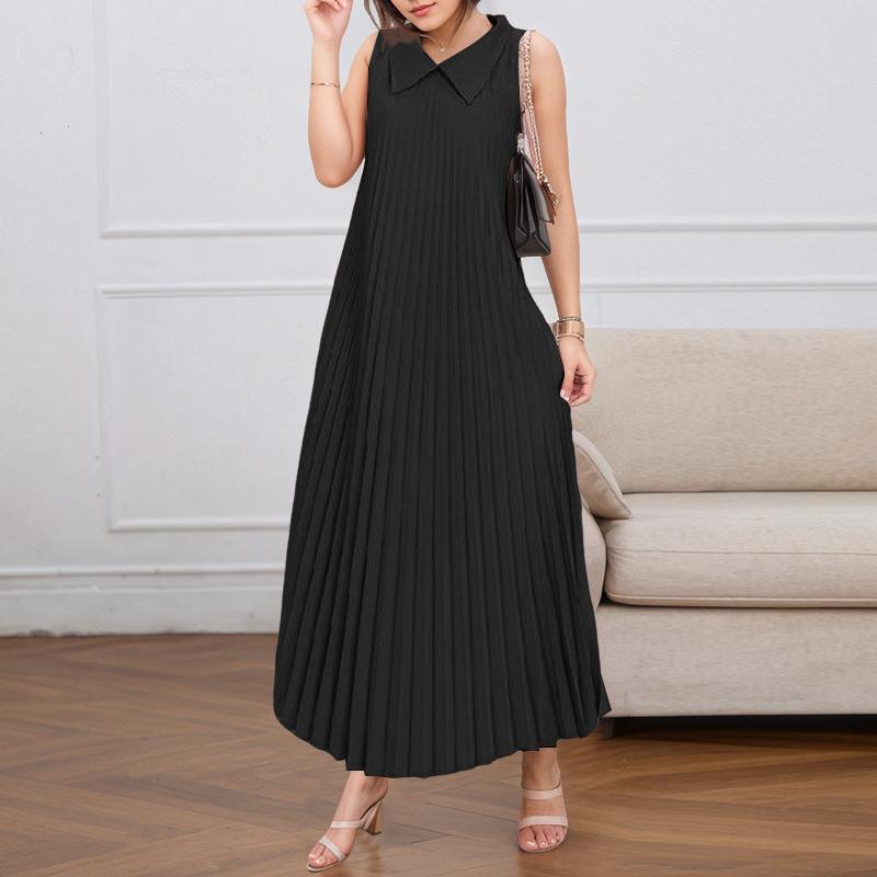 ZANZEA Womens Turn Down Collar Loose Casual Sleeveless Pleated Dress