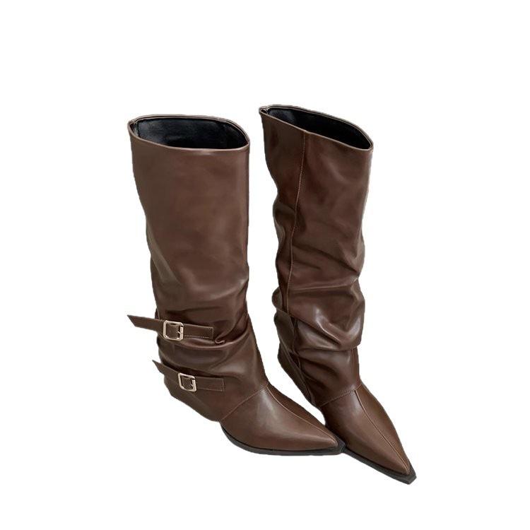 Heel Pants Boots Big Tube Circumference Pointed Head Wide Tube Boots New Year Stacking Boots High Heel Boots Knight Boots