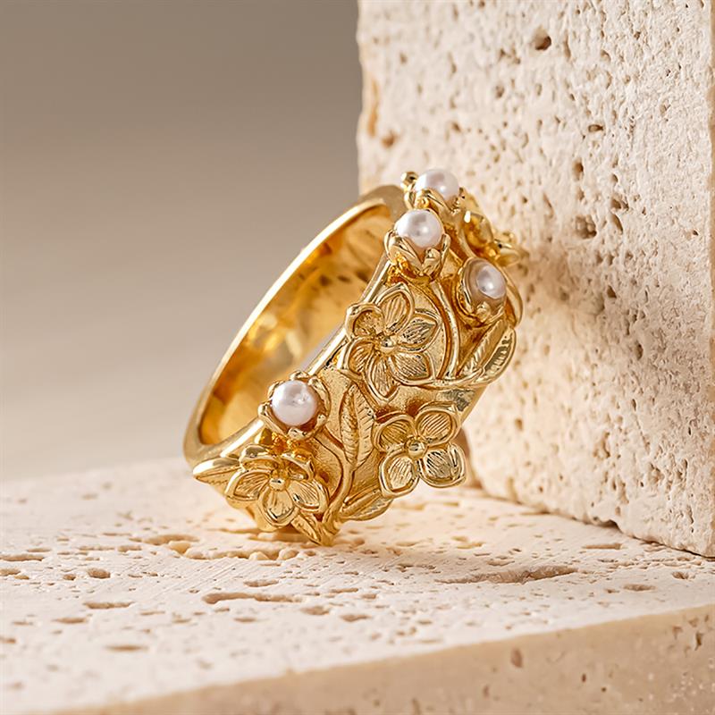 Vintage Floral Flower Pearl Wide Band Ring for Women Carved Sculpture Elegant Wedding Stackable Finger Jewelry Gift