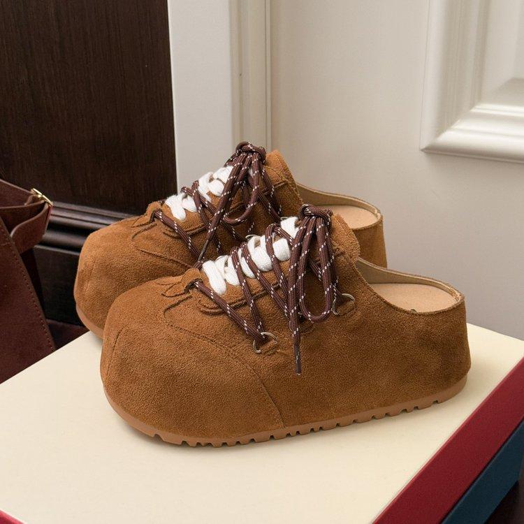 

European frosted leather muffin thick-soled slippers women s spring and summer 2025 new models, small people gain height and pedal lazy shoes 40 верблюд