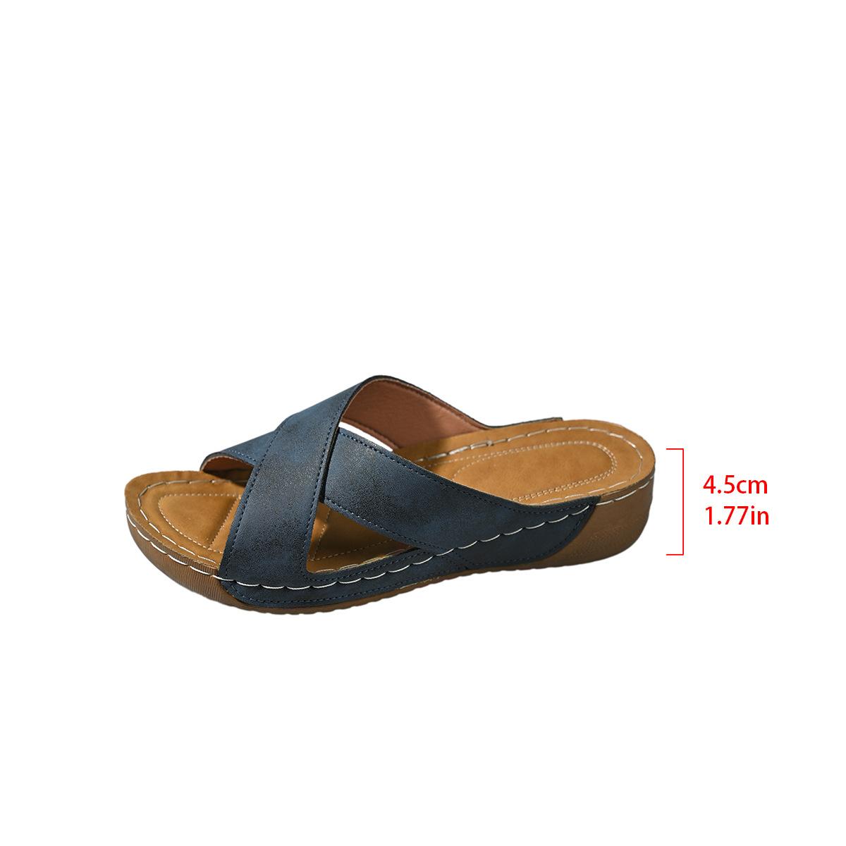 

European and American foreign trade large-size slippers 2025 summer new one-character cross-slope heel thick-bottomed casual beach cool slippers 43 темно-синий