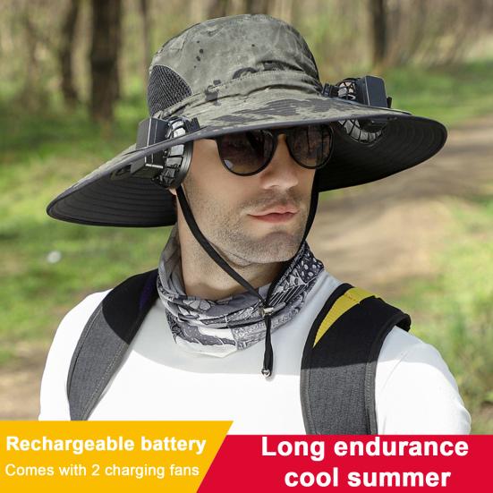 Sun Hat with Breathable Mesh Design Adjustable Cord Wide Brim Sun Protection Hat Dual Fan Design Fishing Hiking Hat