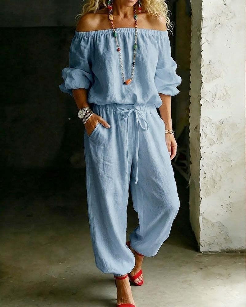 Womens Off Shoulder Long Sleeve Top Drawstring Waist Tapered Pants Two Piece Casual Outfit