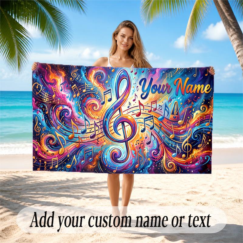 Music Theme Quick Dry Beach Towel Custom Name Text Print Large Sand Resistant Towel Beach Vacation