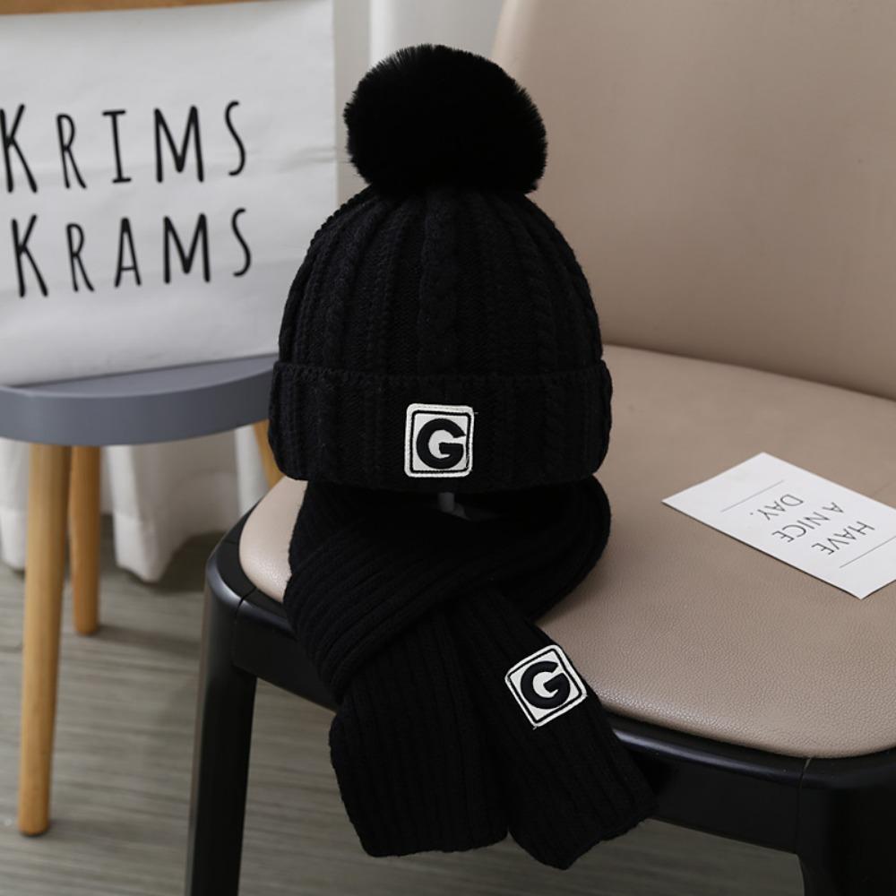 Cute Winter Hats Scarf Set Children Fur Pompom Winter Hats New Warm Knit Beanies
