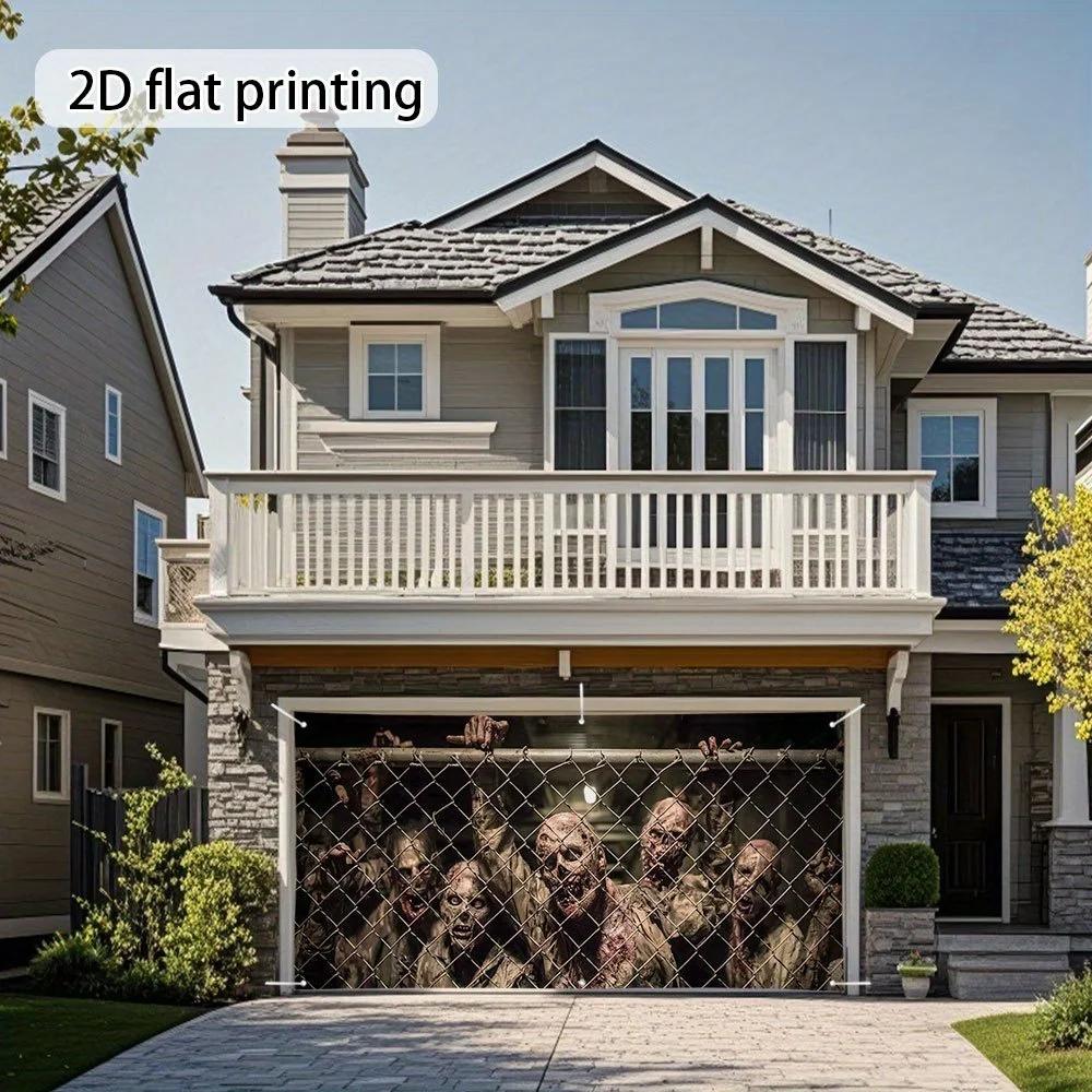 2D door banner, 1 large horror zombie fence garage door cover - realistic zombie hands and faceszyc