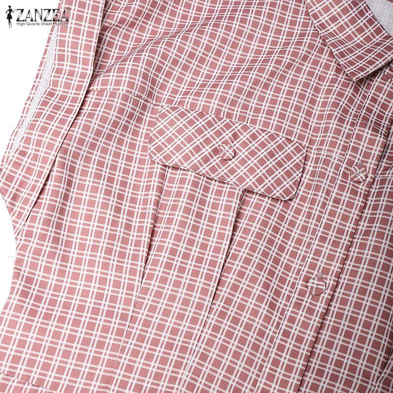ZANZEA Damen Lässiges Kleid mit Umlegekragen, Karomuster, locker, kurzärmelig
