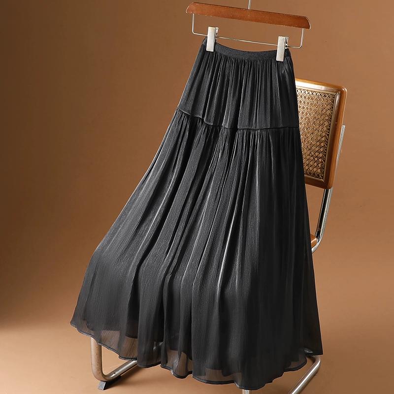 2025 Summer Women New Skirts Solid Elastic Waist Pleated Mesh Elegant Skirts