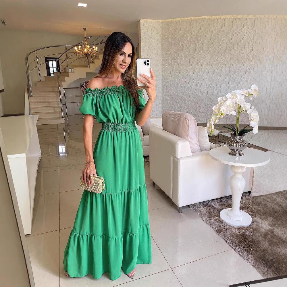 Women's One-Shoulder Short-Sleeve Long Spring Dress