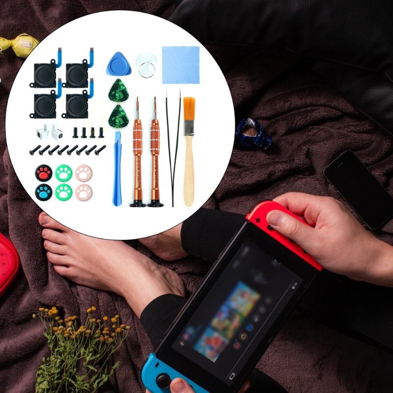Kit di attrezzi per riparazione completo professionale 34 in 1 con spazzola per la pulizia, panno, pinzette per controller Switch OLED