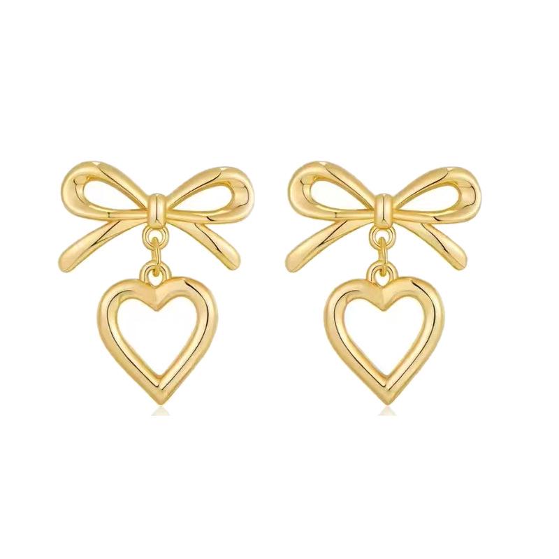 Heart Pendant Bow Stud Earrings for Women - High-end Feel Accessory