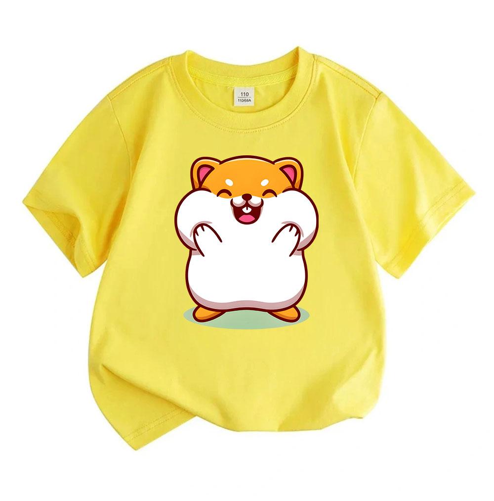 Cute Chubby Cartoon Hamster Print Kids 100% Cotton O-neck Short Sleeve T-Shirt, Casual Soft Breathable Tee for Boys Girls Comfortable Daily Summer Top