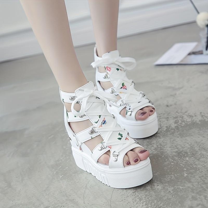 Fashion Women's High Heeled Sandals with Thick Sole, Fish Mouth Design, Lace-up Back Zipper, Flat Heel