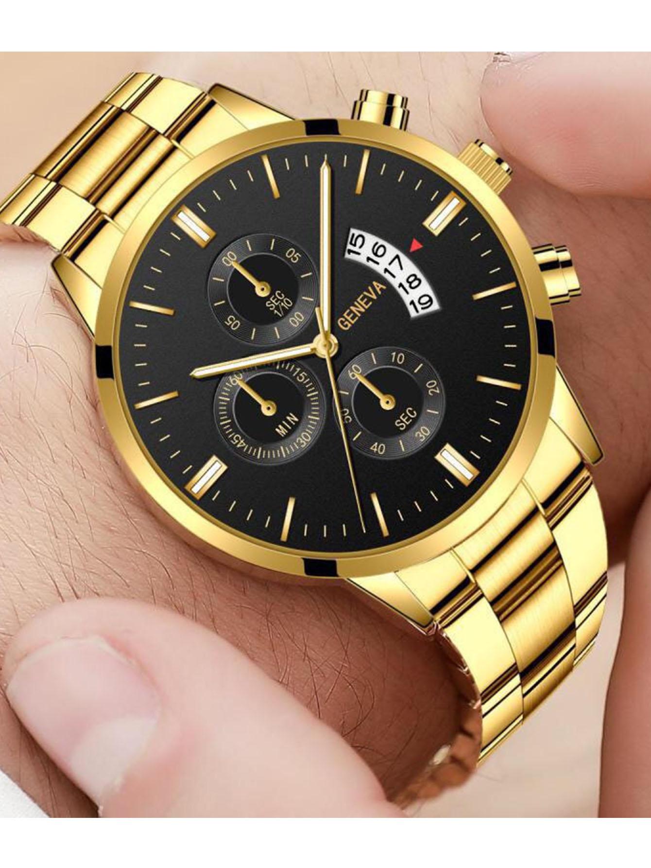 

New alloy round steel strap quartz watch men s business watch men s watch mirror surface large dial золотой