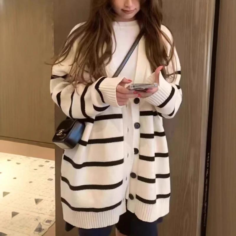 V-neck striped knitted cardigan top women's autumn and winter versatile lazy style soft waxy loose sweater jacket