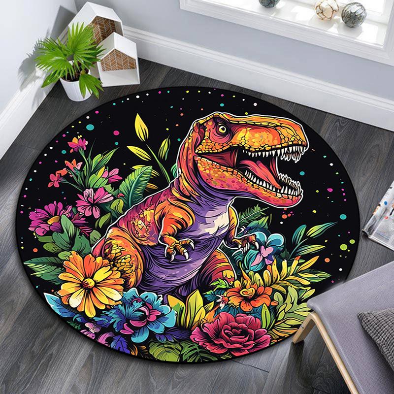 Colorful Dinosaur Round Area Rug,Carpet Rug for Living Room Bedroom Sofa Playroom Decor,Non-slip Floor Mat