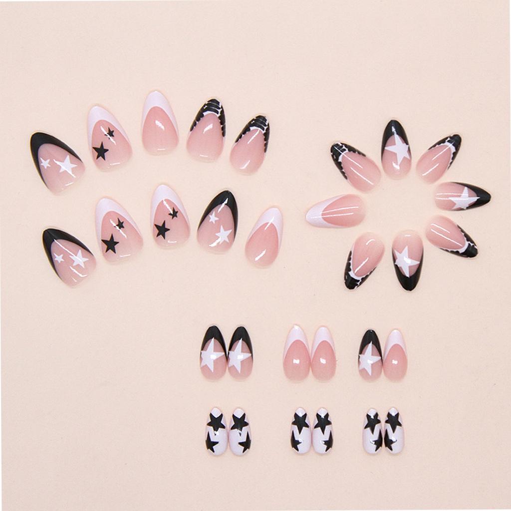 24 Pcs French Tip Press On Nail Almond Shape False Nail Stars Acrylic Nail Glossy Full Cover Stick On Nail