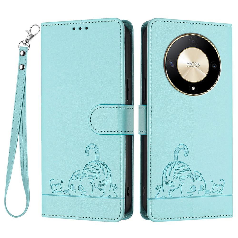 

For Honor Magic6 Lite 5G/X9b 5G/X50 5G Case with Strap RFID Blocking Leather Wallet Phone Cover Cat Mouse Pattern Mint Green