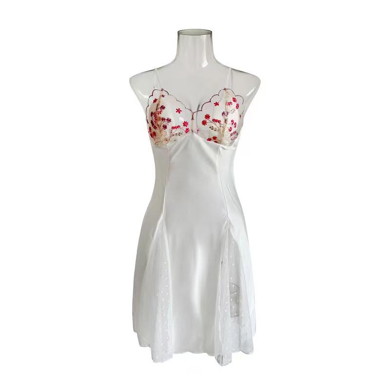 New ice silk pajamas satin sexy halter suspender pajamas lace splicing pajamas women's clothing