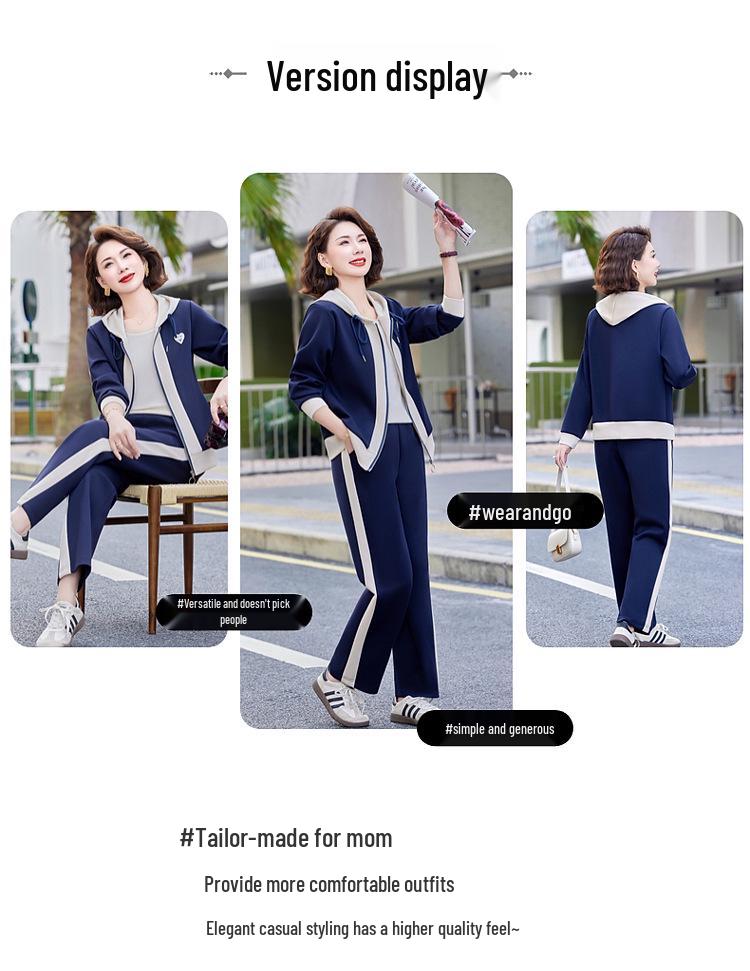 Stylish Spring & Autumn Sports Suit for Women: Age-Defying, Elegant Two-Piece Set for Middle-Aged & Elderly Moms.