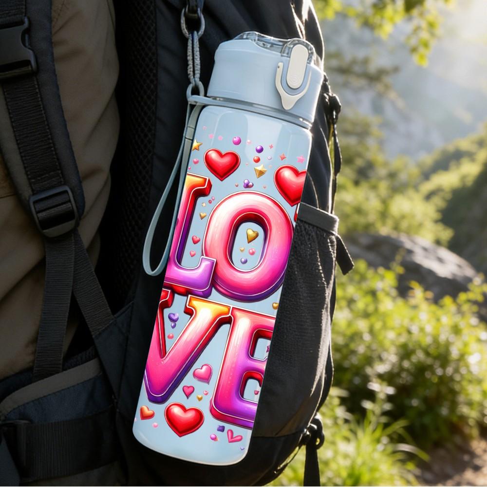 1PC Love Heart Valentine Lettering 750ml Color Plastic Sports Water Bottle Leakproof Flip Straw Lid Suitable for Sports Office Home Use