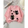 European sizes Girls Soft Crewneck Sweatshirt Cute Black Cat with Flower & Paw Prints, Casual All-Match, Ideal Holiday Present