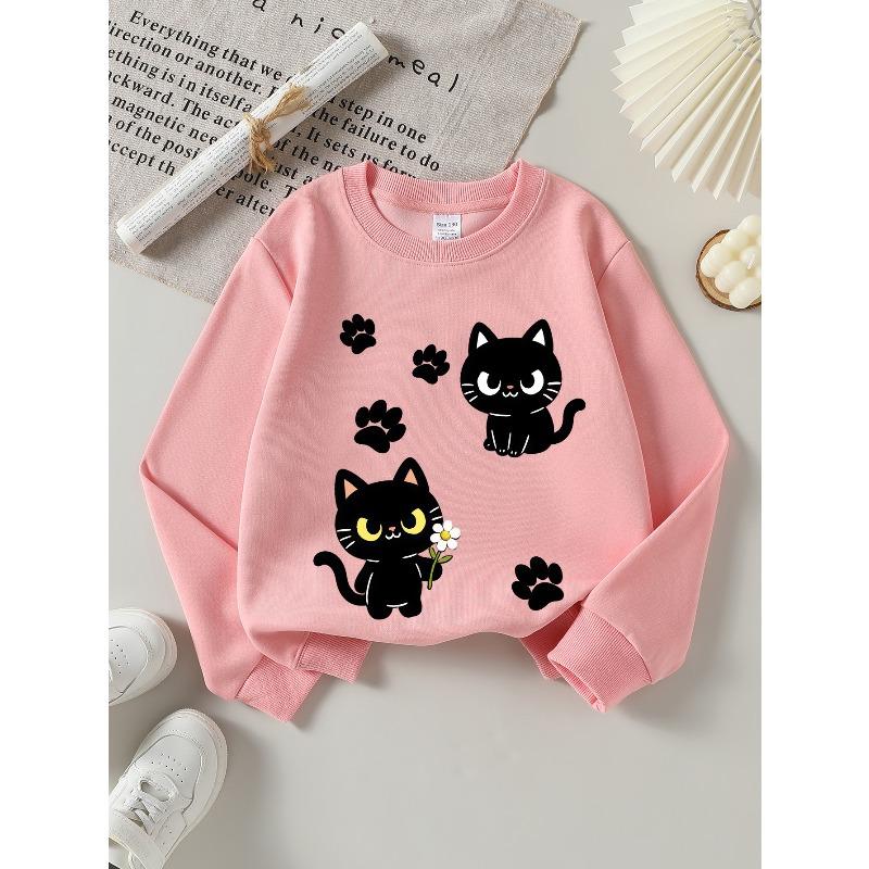 European sizes Girls Soft Crewneck Sweatshirt Cute Black Cat with Flower & Paw Prints, Casual All-Match, Ideal Holiday Present